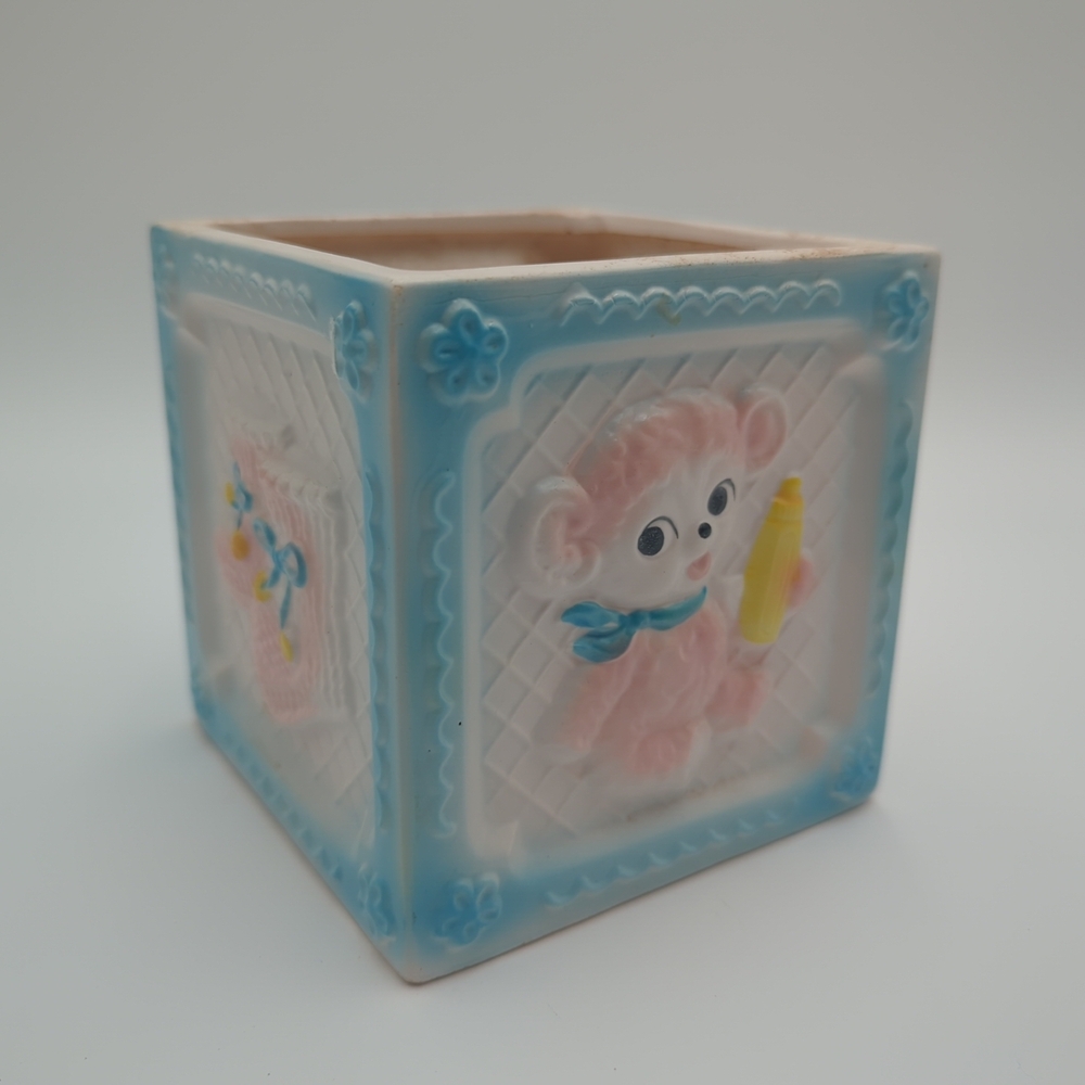 Vintage Ceramic Napcoware Square Nursery Planter Teddy Bear Duckie Blue Pink